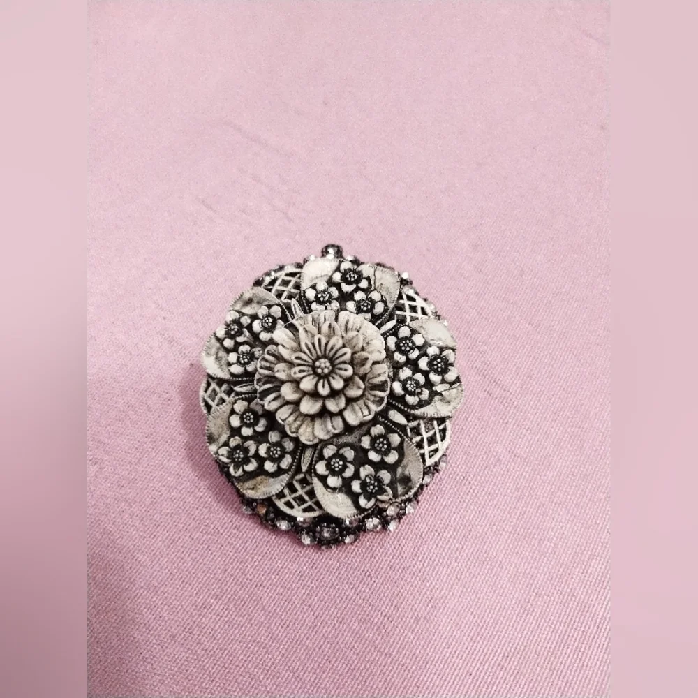 Black, White Floral Brooch, Pin, Vintage porcelain